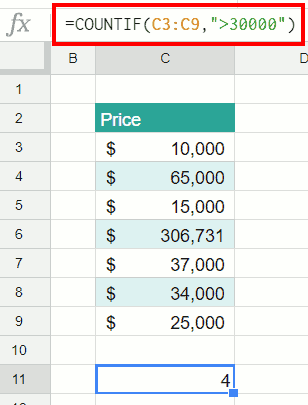 Column of numbers with COUNT function