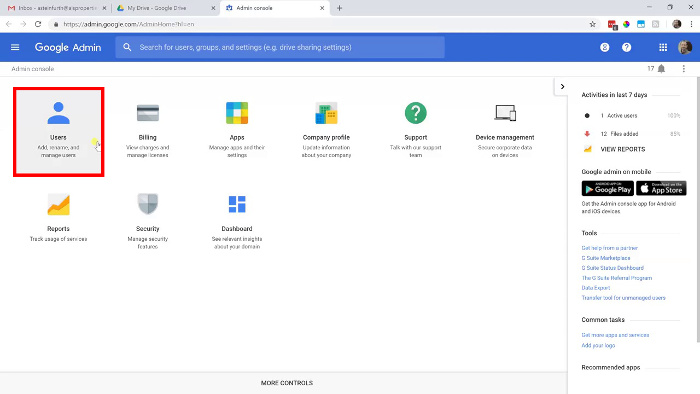 G Suite admin console with Users selected