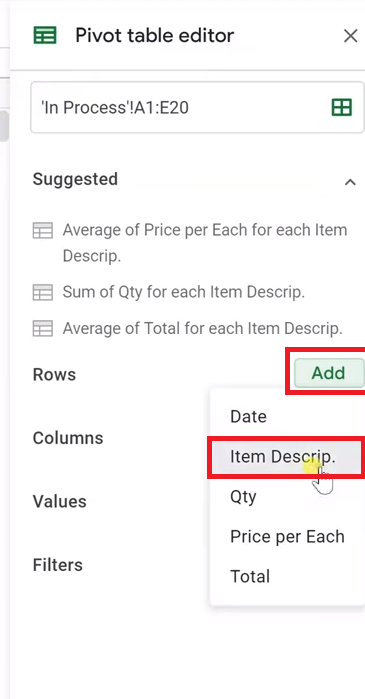 Choosing item description for Columns