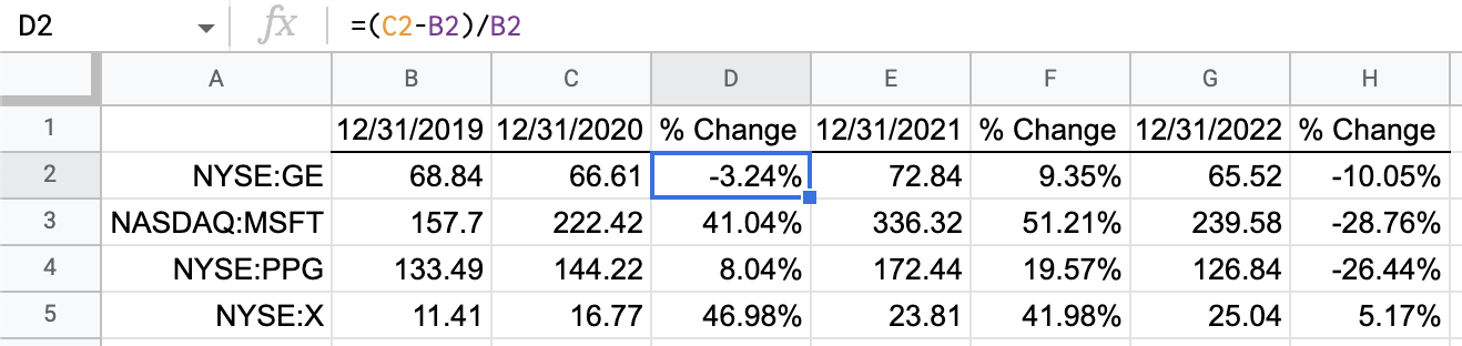 Formula showing year over year change